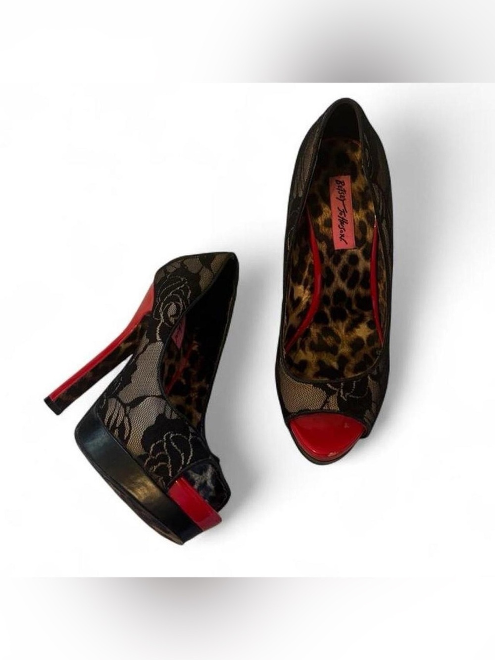 Vintage Y2K Betsey Johnson Black Lace & Red Patent Peep-Toe Platform Pumps
